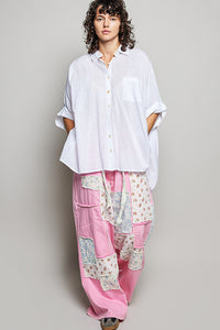 Off White Cotton Button Down Half Dolman Sleeve Shirt