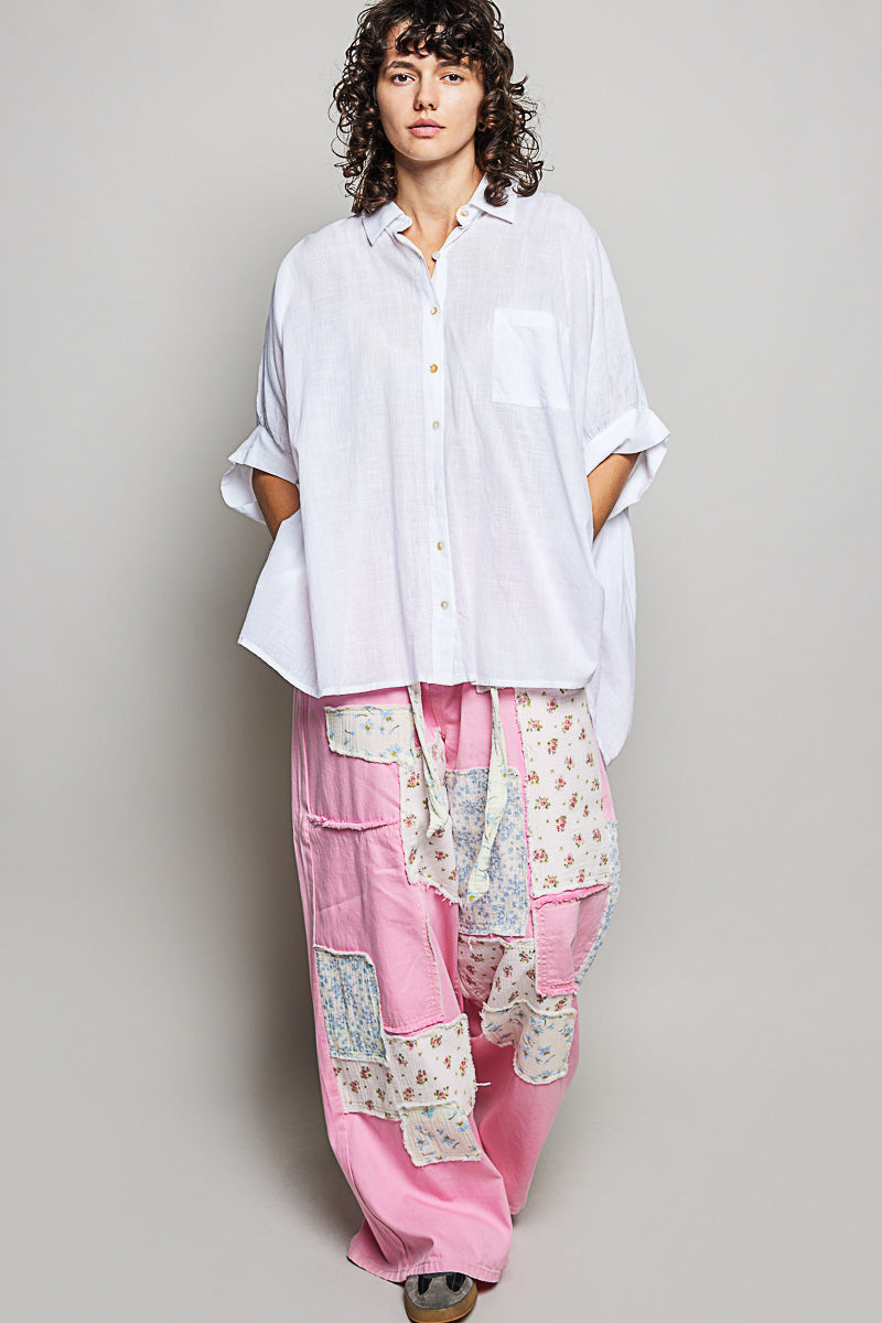 Off White Cotton Button Down Half Dolman Sleeve Shirt