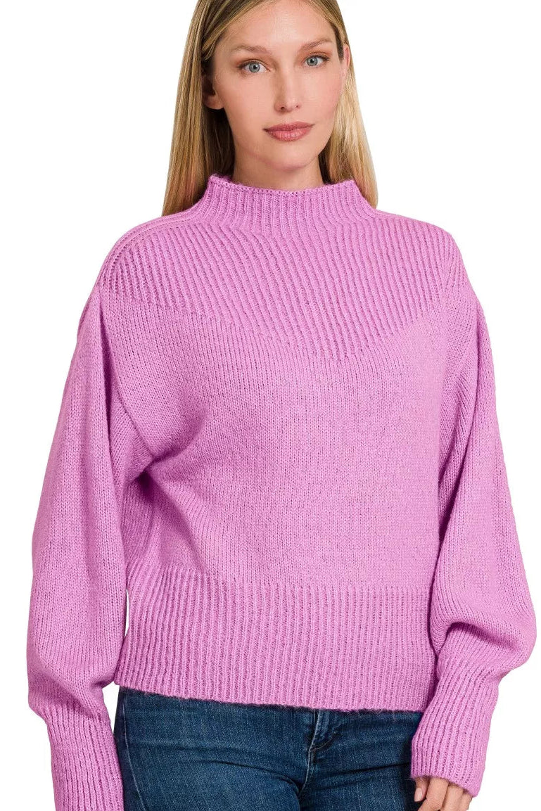 Zenana Balloon Sleeve Mock Neck Sweater in Heathered Mauve