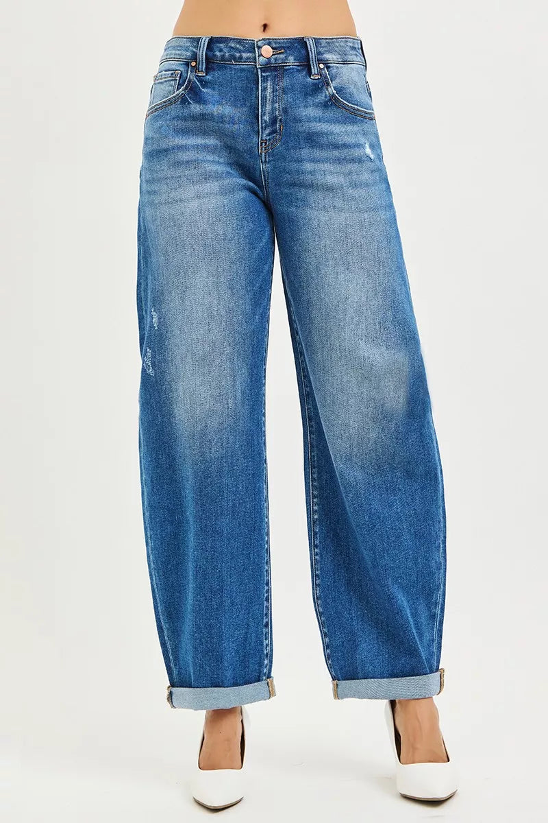 Risen Mid Rise Barrel Double Roll Up Jeans