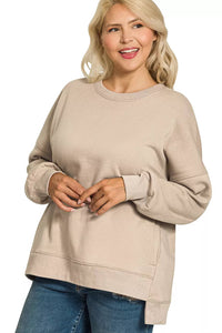 Zenana Fleece Hi-Low Boyfriend Sweatshirt with Pockets - Ash Mocha