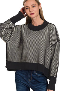 Zenana Ribbed Exposed Seam Two Tone Sweater in Black