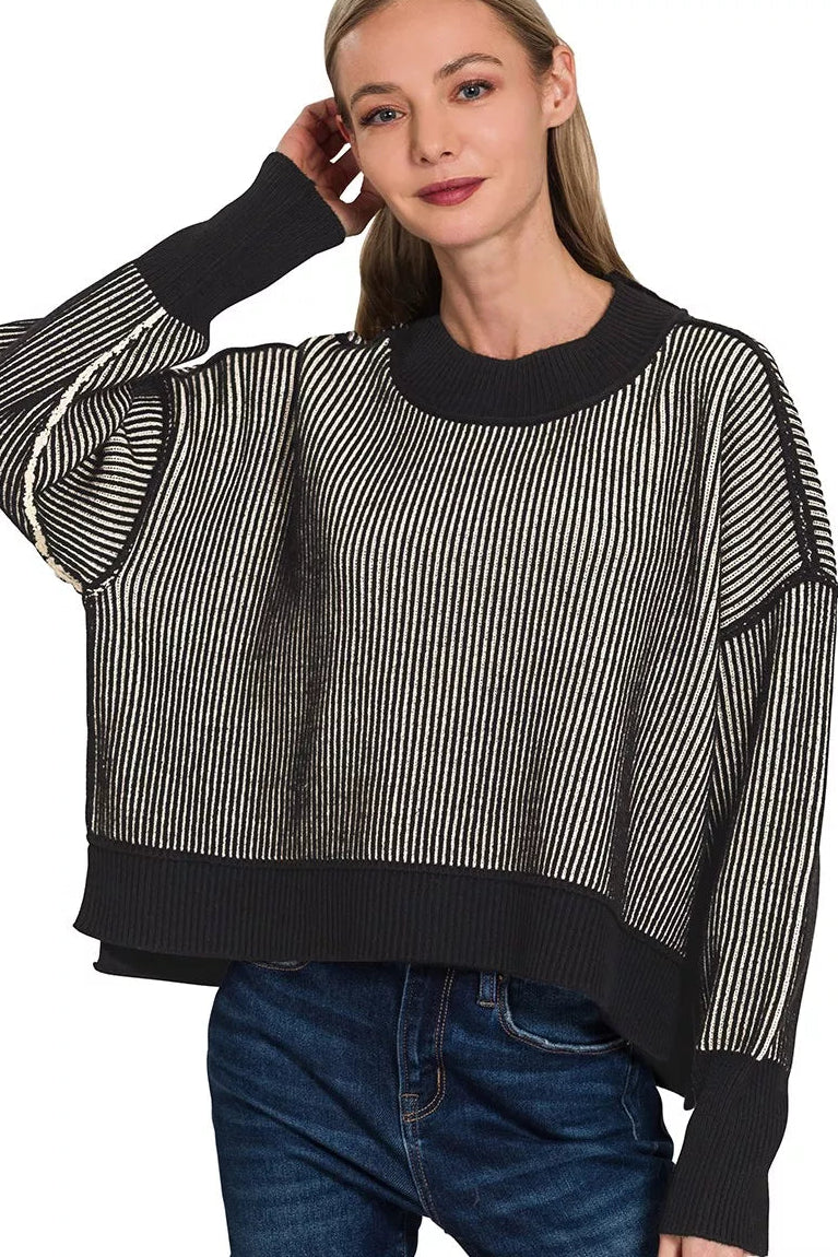 Zenana Ribbed Exposed Seam Two Tone Sweater in Black