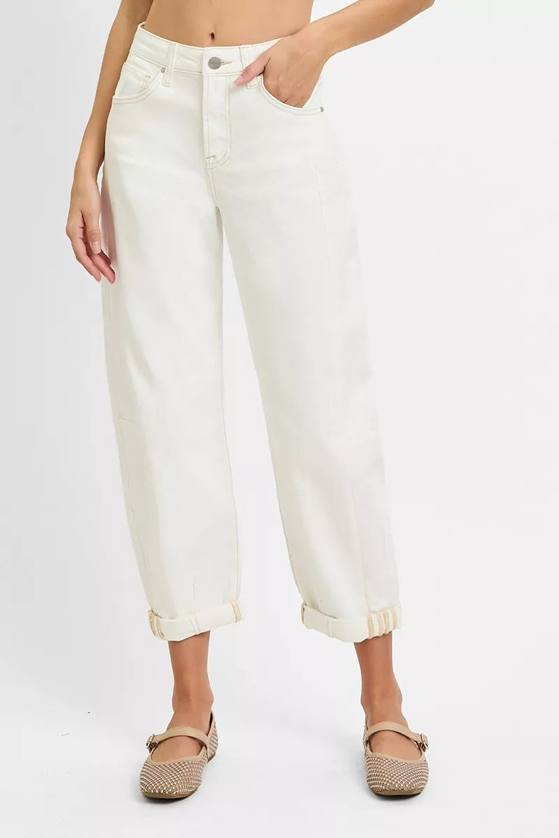 Risen High Rise Cream Barrel Cropped Jeans