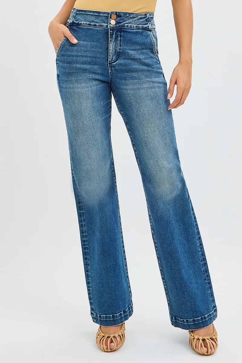 Risen High Rise Double Button Bootcut Jeans