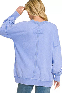 Zenana Acid Washed French Terry Pullover Sweatshirt in Cornflower Blue