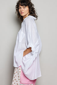 Off White Cotton Button Down Half Dolman Sleeve Shirt