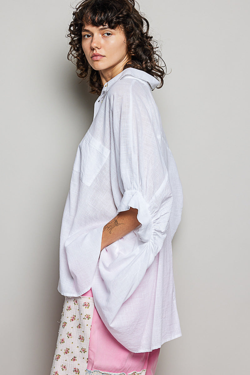 Off White Cotton Button Down Half Dolman Sleeve Shirt