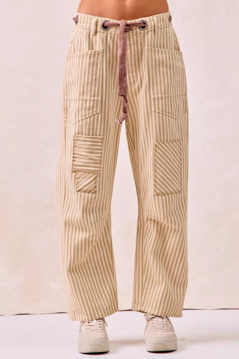 Bibi Drawstring Striped Twill Barrel Pants