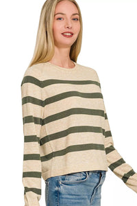 Zenana Lightweight Striped Round Neck Sweater in Dark Olive