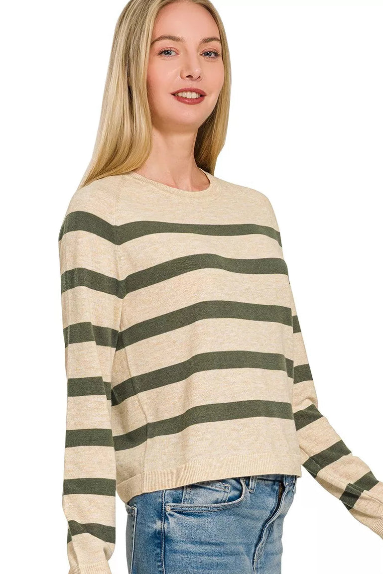 Zenana Lightweight Striped Round Neck Sweater in Dark Olive