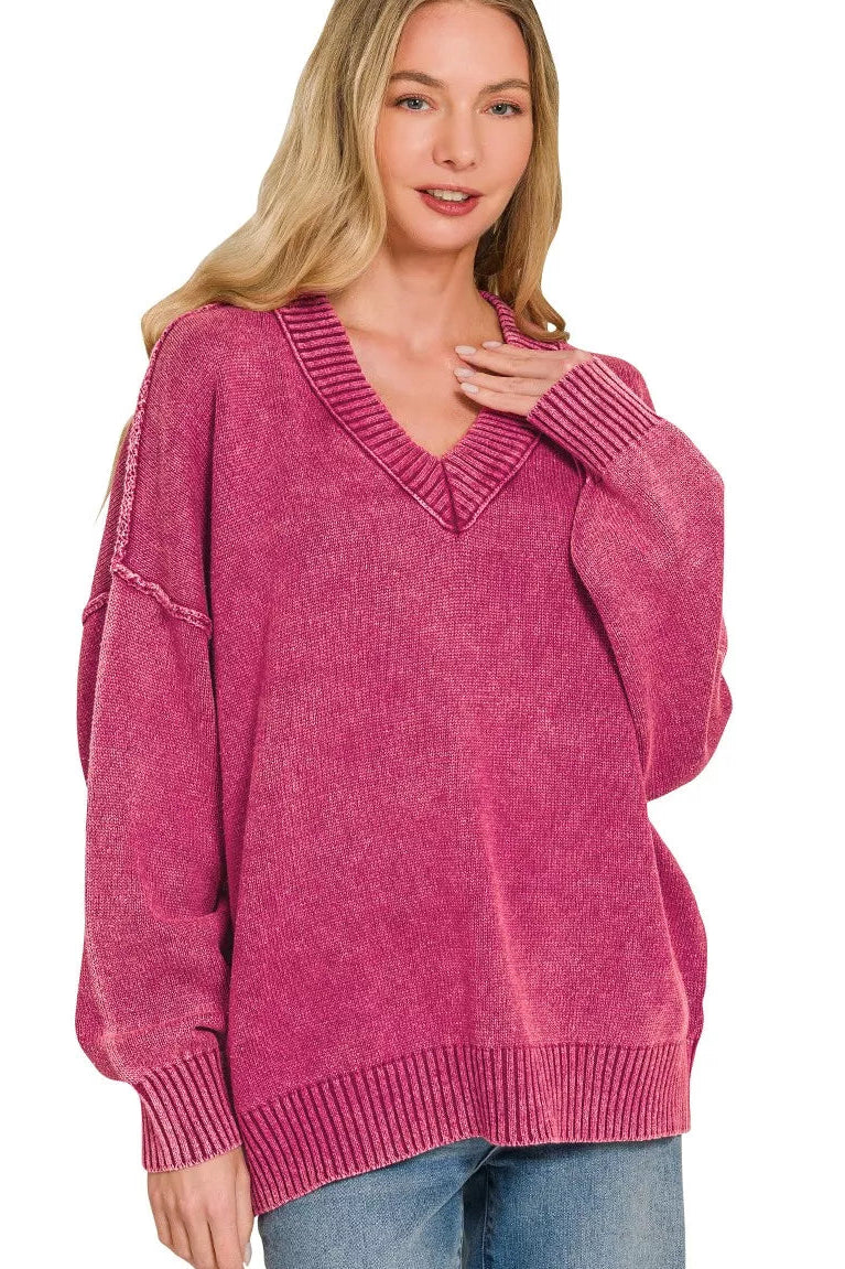 Zenana Washed V-Neck Oversized Sweater - Cabernet