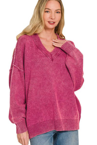 Zenana Washed V-Neck Oversized Sweater - Cabernet