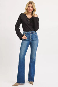 Risen High Rise Raw Cut Hem Flare Jeans