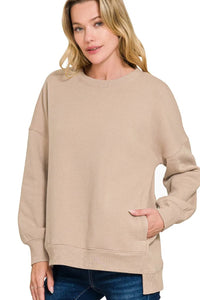 Zenana Fleece Hi-Low Boyfriend Sweatshirt with Pockets - Ash Mocha
