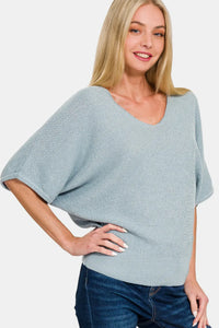Zenana Daylight Sky V-Neck Short Sleeve Dolman Sweater
