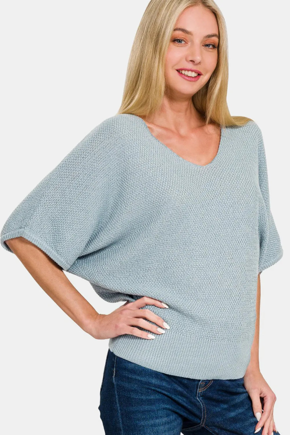Zenana Daylight Sky V-Neck Short Sleeve Dolman Sweater