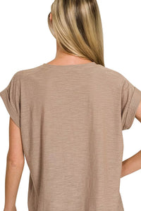 Zenana Slub Knit Cuffed Sleeve Tee in Ash Mocha