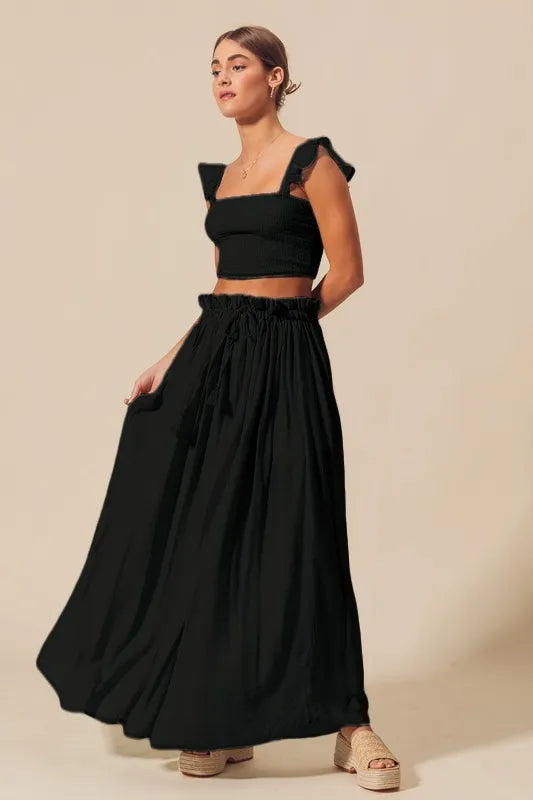 Smocked Top and Flowy Maxi Skirt Set in Black