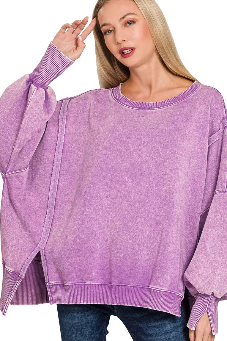 Zenana Acid Washed Batwing Sleeve Fleece Sweatshirt in Violet