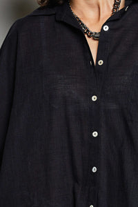 Black Cotton Button Down Half Dolman Sleeve Shirt