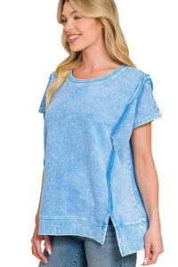 Zenana French Terry Halo Snow Washed Oversized Hi-Low Top in Ocean Blue