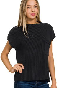Zenana Mock Neck Short Sleeve Sweater in Black