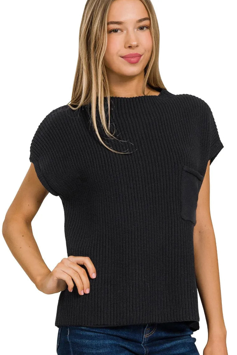 Zenana Mock Neck Short Sleeve Sweater in Black