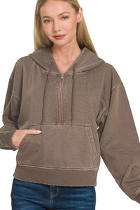 Zenana Fleece Pigment Dyed Half Zip Kangaroo Pocket Hoodie in Brown