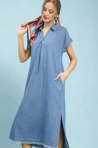 Stone Washed Collared Denim Midi Dress - Light Denim