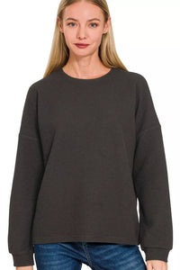 Double Knit Round Neck Long Sleeve Top in Black