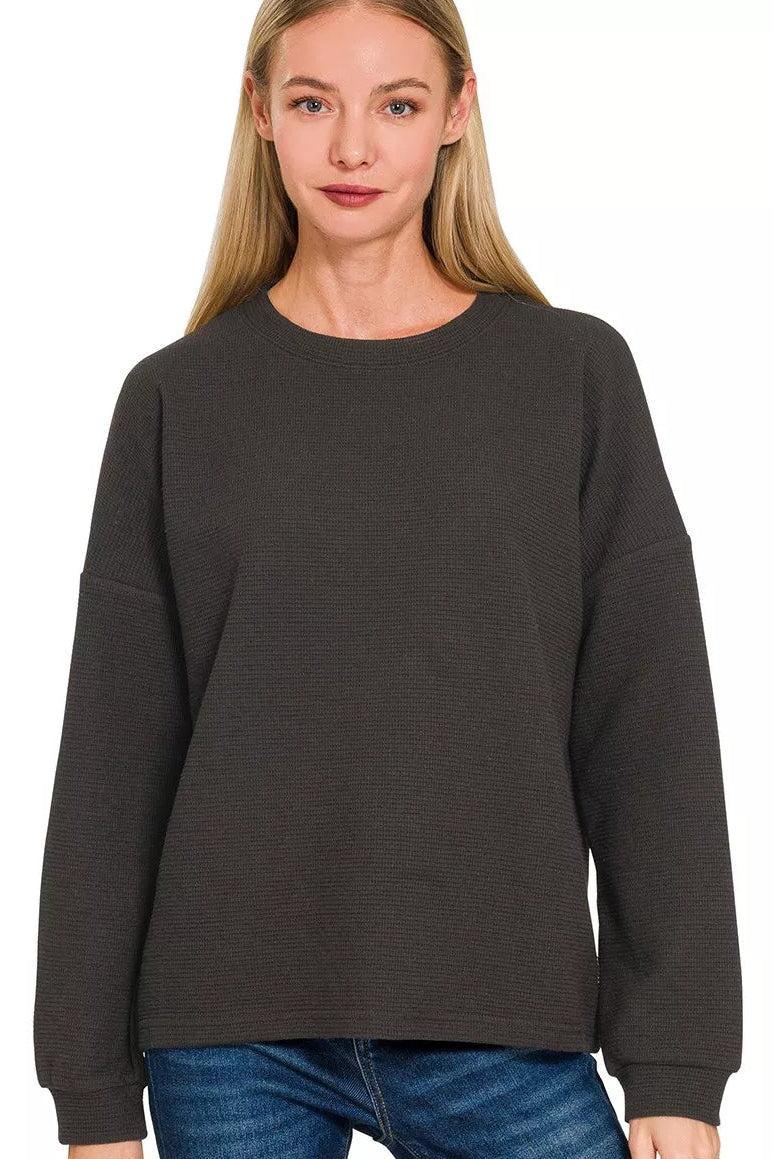 Double Knit Round Neck Long Sleeve Top in Black