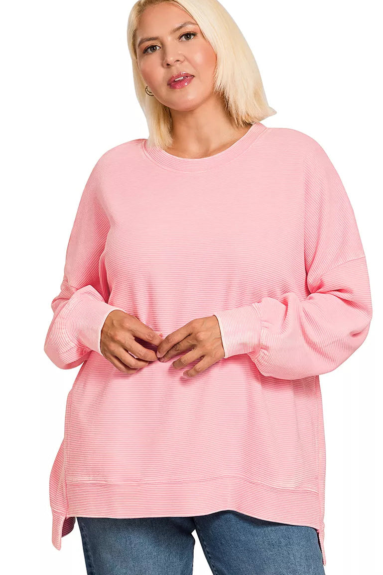 Zenana Acid Washed Double Ribbed Sweatshirt in Dark Pink