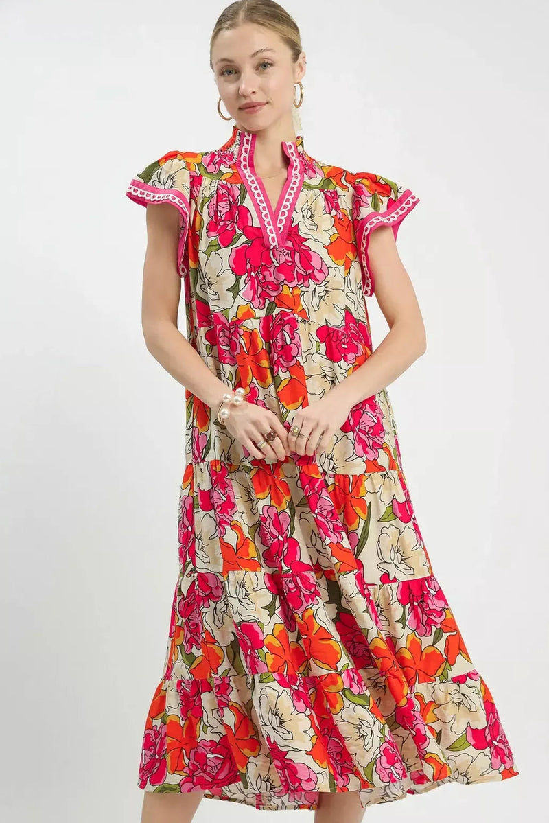 Summer Mix Bold Floral Tiered Midi Dress