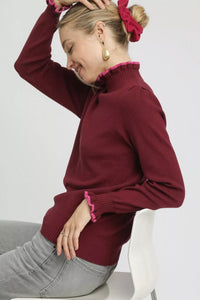 Umgee Contrast Ruffle Trim Burgundy Sweater
