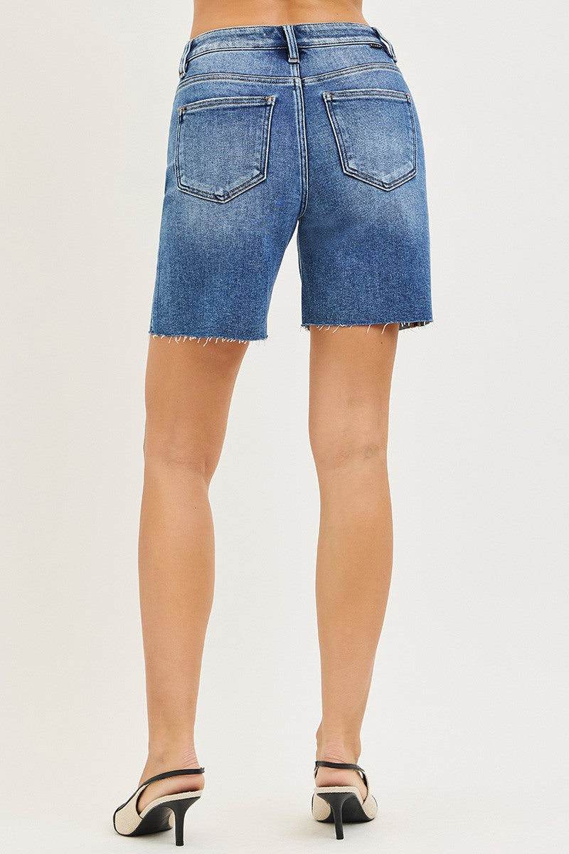 Risen Tummy Control High Rise Raw Cut Hem Denim Shorts