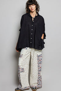 Black Cotton Button Down Half Dolman Sleeve Shirt