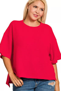 Double Knit Side Slit Hi Low Short Sleeve Top in Ruby Red