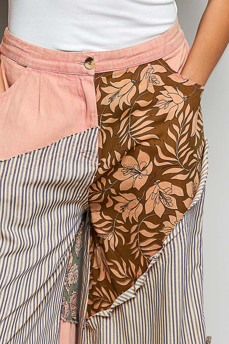 POL Striped Floral Patchwork Wide Leg Pants