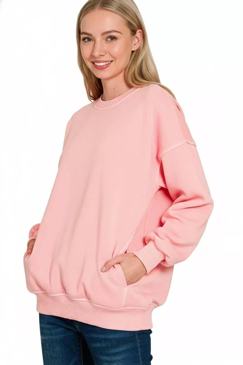 Zenana Pigment Dyed French Terry Sweatshirt in Dark Pink