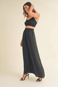 Mable Smocked Bralette Crop Top and Wide Leg Pants Set in Black