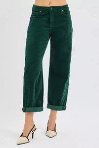 Risen High Rise Crop Barrel Corduroy Pants in Hunter Green