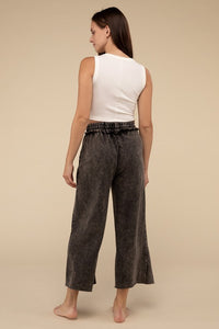 Washed French Terry Wide Leg Cropped Lounge Pants with Pockets