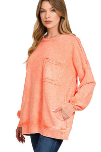 Zenana Halo Washed French Terry Pullover Sweatshirt in Orange