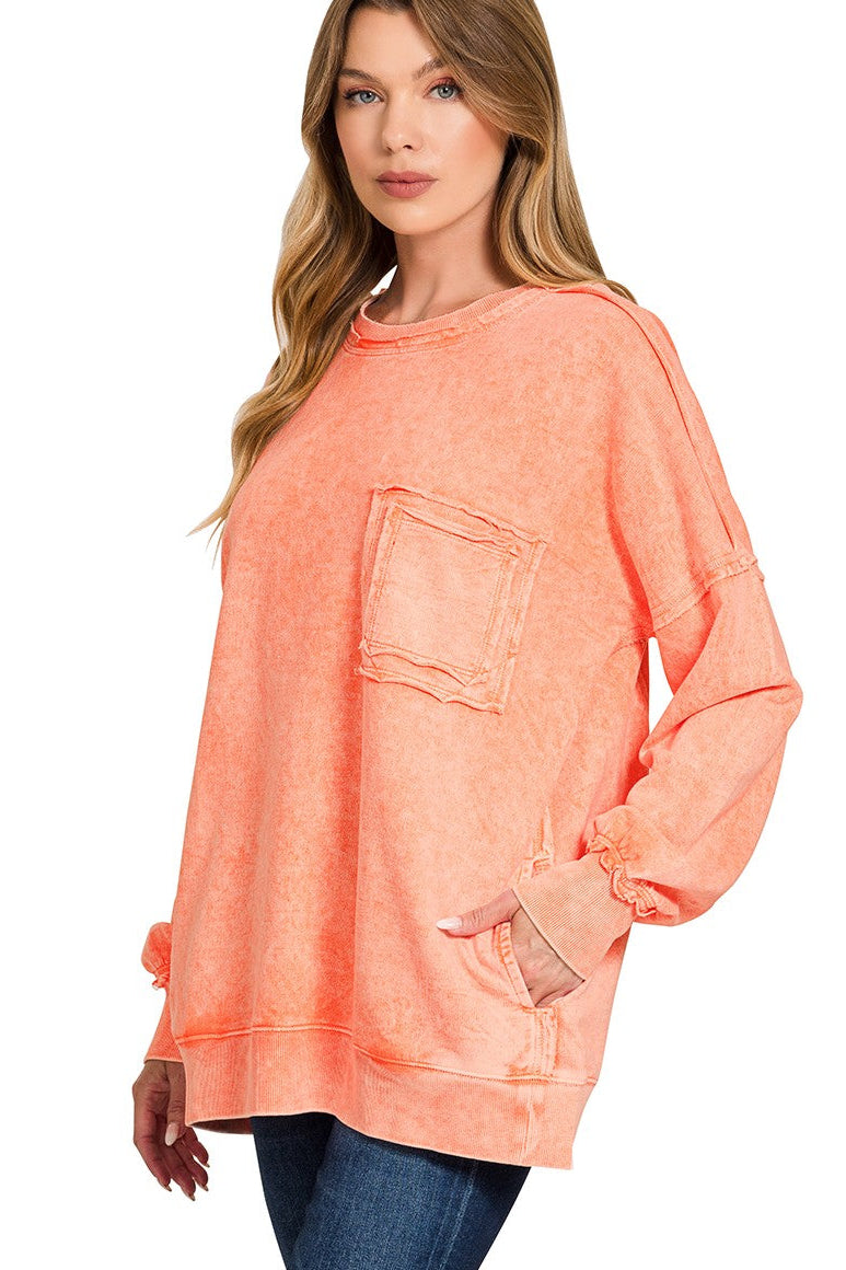 Zenana Halo Washed French Terry Pullover Sweatshirt in Orange
