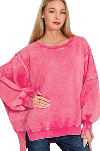 Zenana Acid Washed Batwing Sleeve Fleece Sweatshirt in Fuchsia 