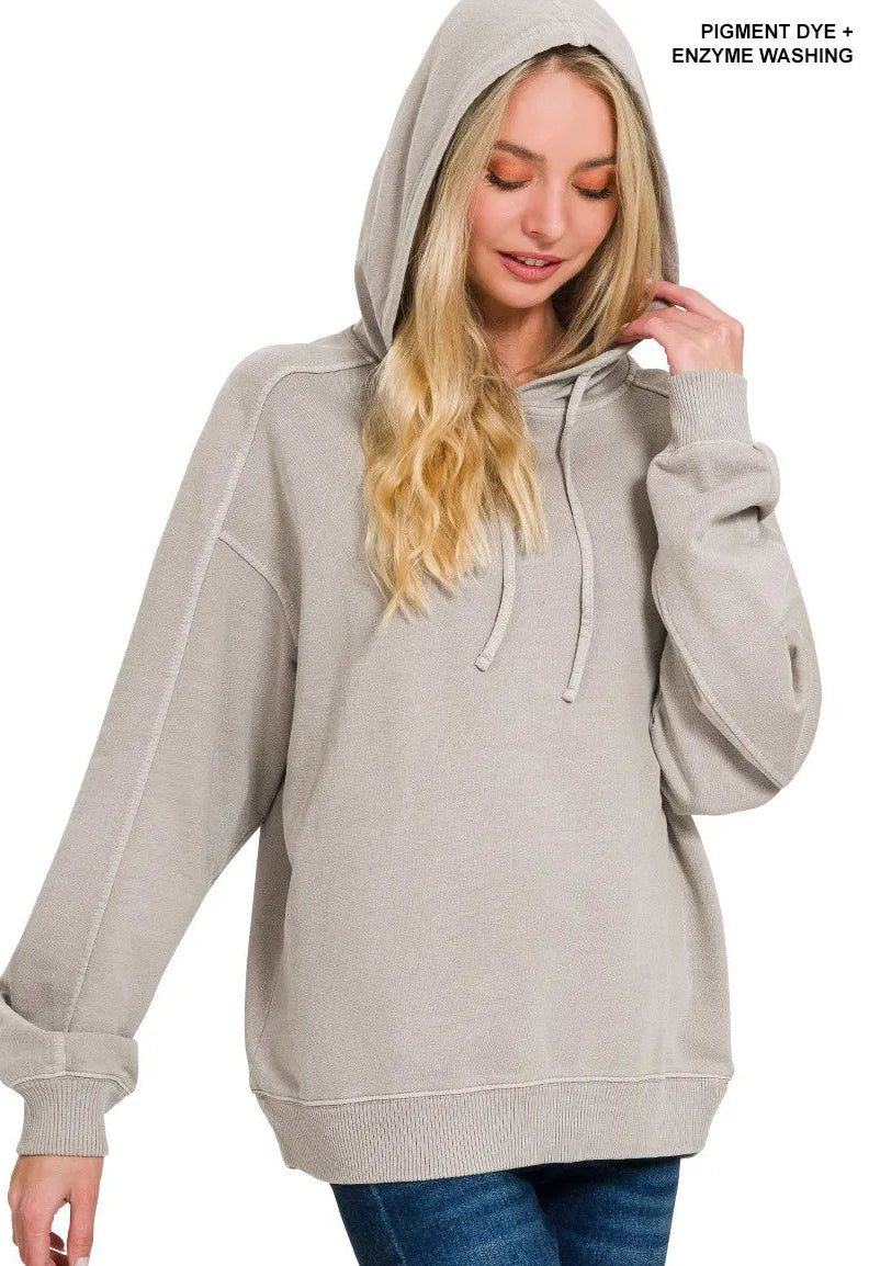 Zenana French Terry Pigment Dyed Hoodie in Ash Mocha