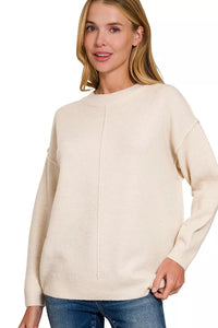 Zenana Melange Front Seam Round Neck Sweater in Sand Beige