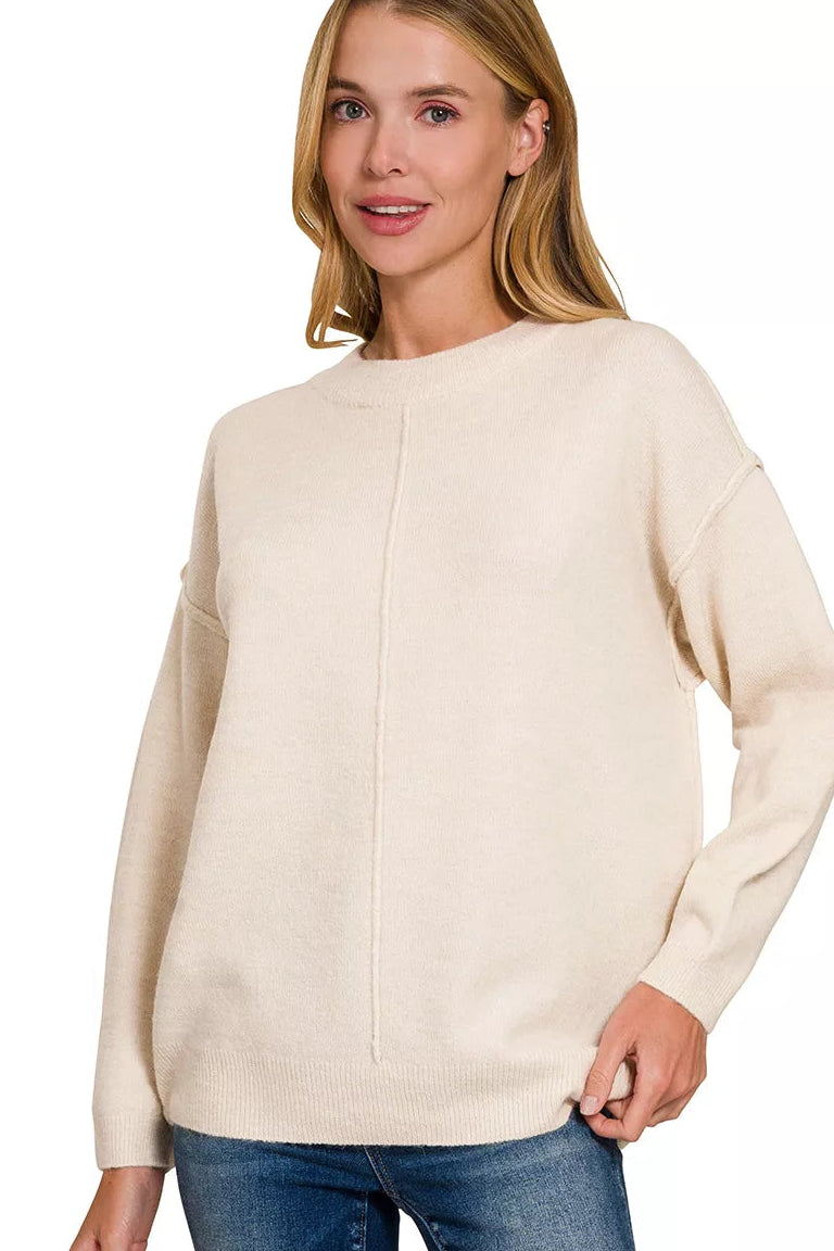 Zenana Melange Front Seam Round Neck Sweater in Sand Beige