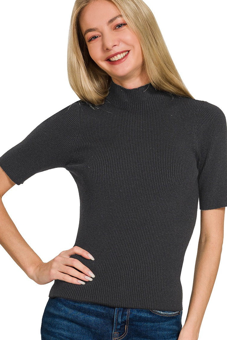 Zenana Viscose Ribbed Mock Neck Sweater Knit Top in Black